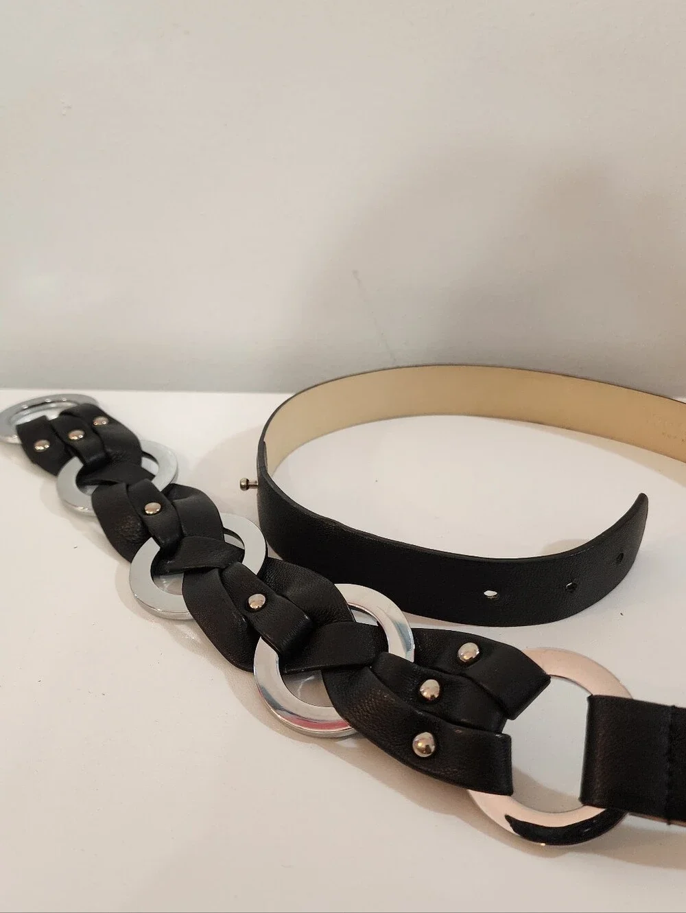 Worth Black Interwoven Leather Belt with Silver Rings
